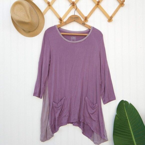 LOGO Lori Goldstein Color Block Tunic Top Size L Mauve Lavender Pockets Purple - Picture 1 of 7